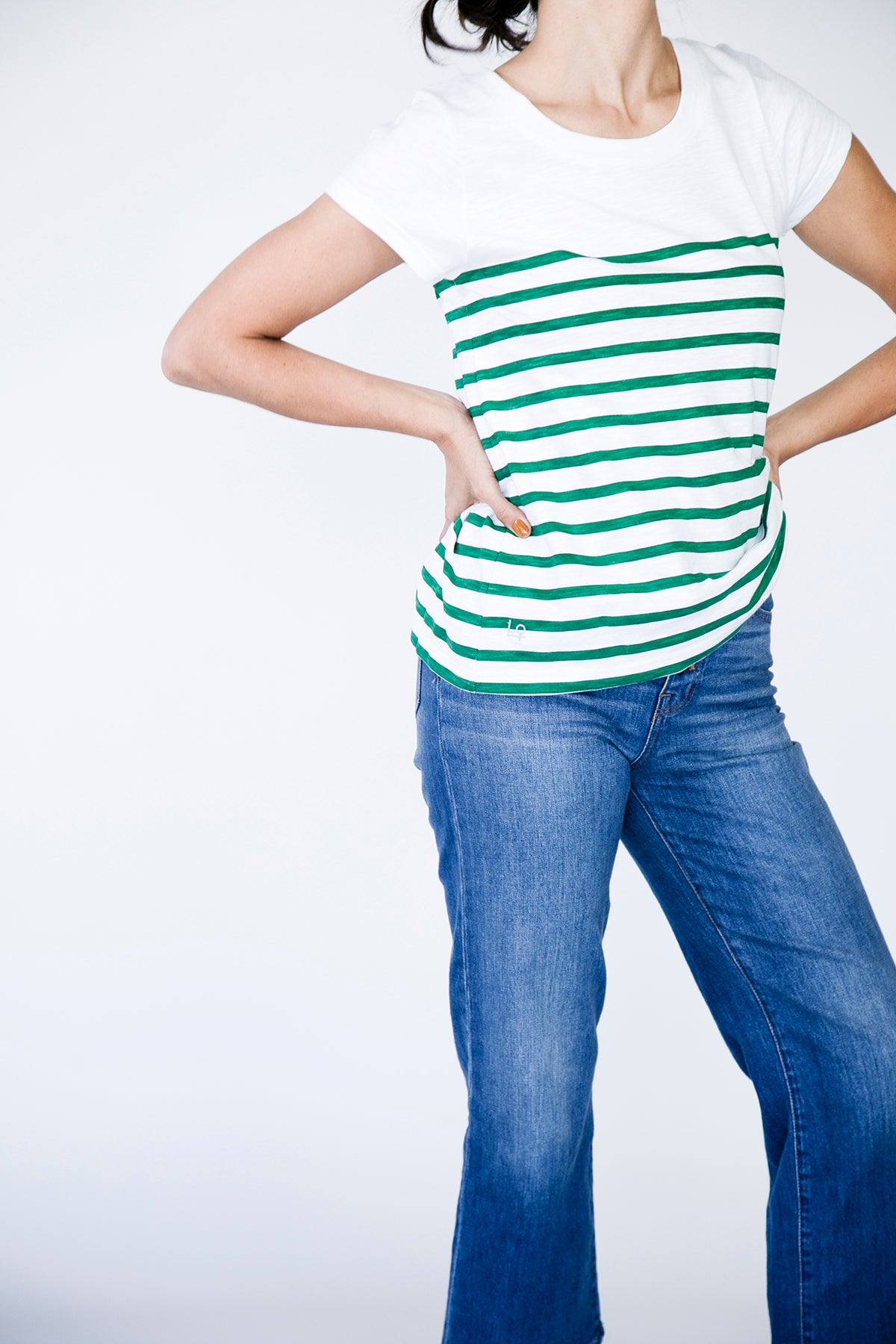 High Scoop T-Shirt | Brilliant White and Harbour Mist brilliant-white-with-emerald-stripe